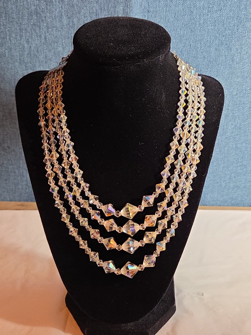 Deltah 4-Strand Aurora Borealis Crystal Necklace Vintage Glam