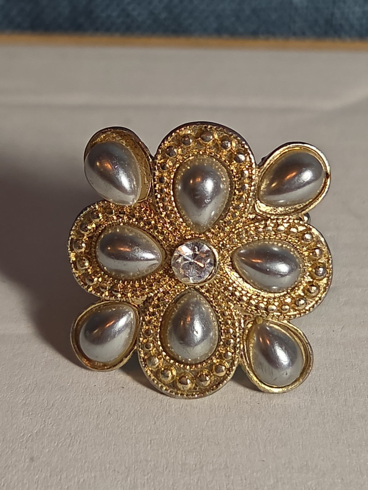 Sarah Coventry Pearl Rhinestone Flower Ring Vintage  Adjustable