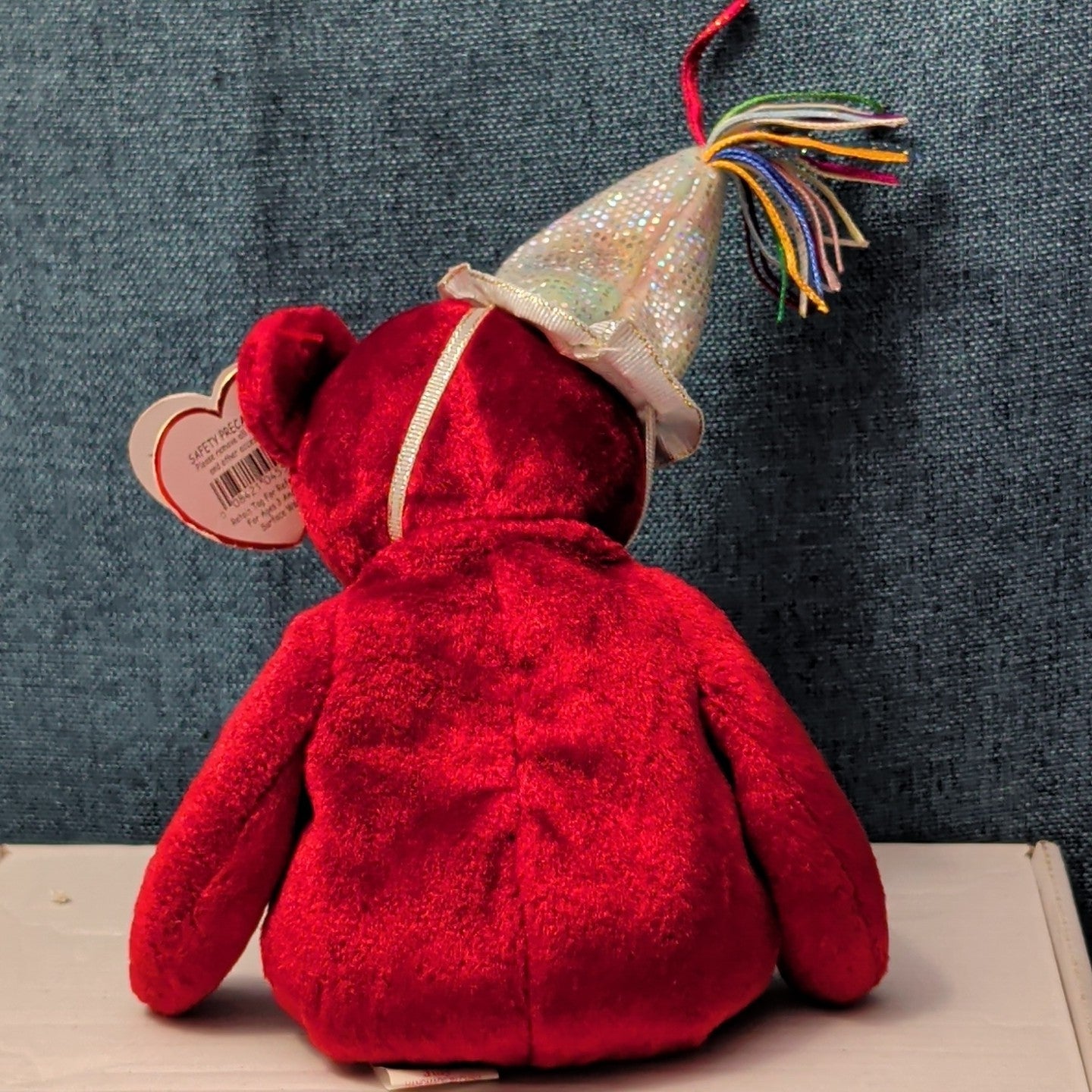 ​Ty Beanie Baby JULY Birthday Bear 2002 Red Teddy Silver Party Hat with Tag