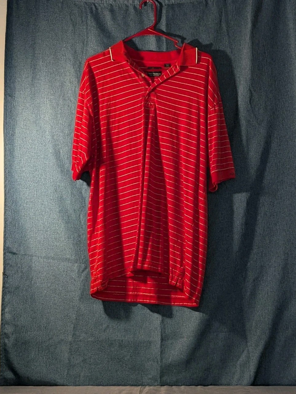 Greg Norman Collection Men's L 100% Cotton Red White Stripe Golf Polo Shark Logo