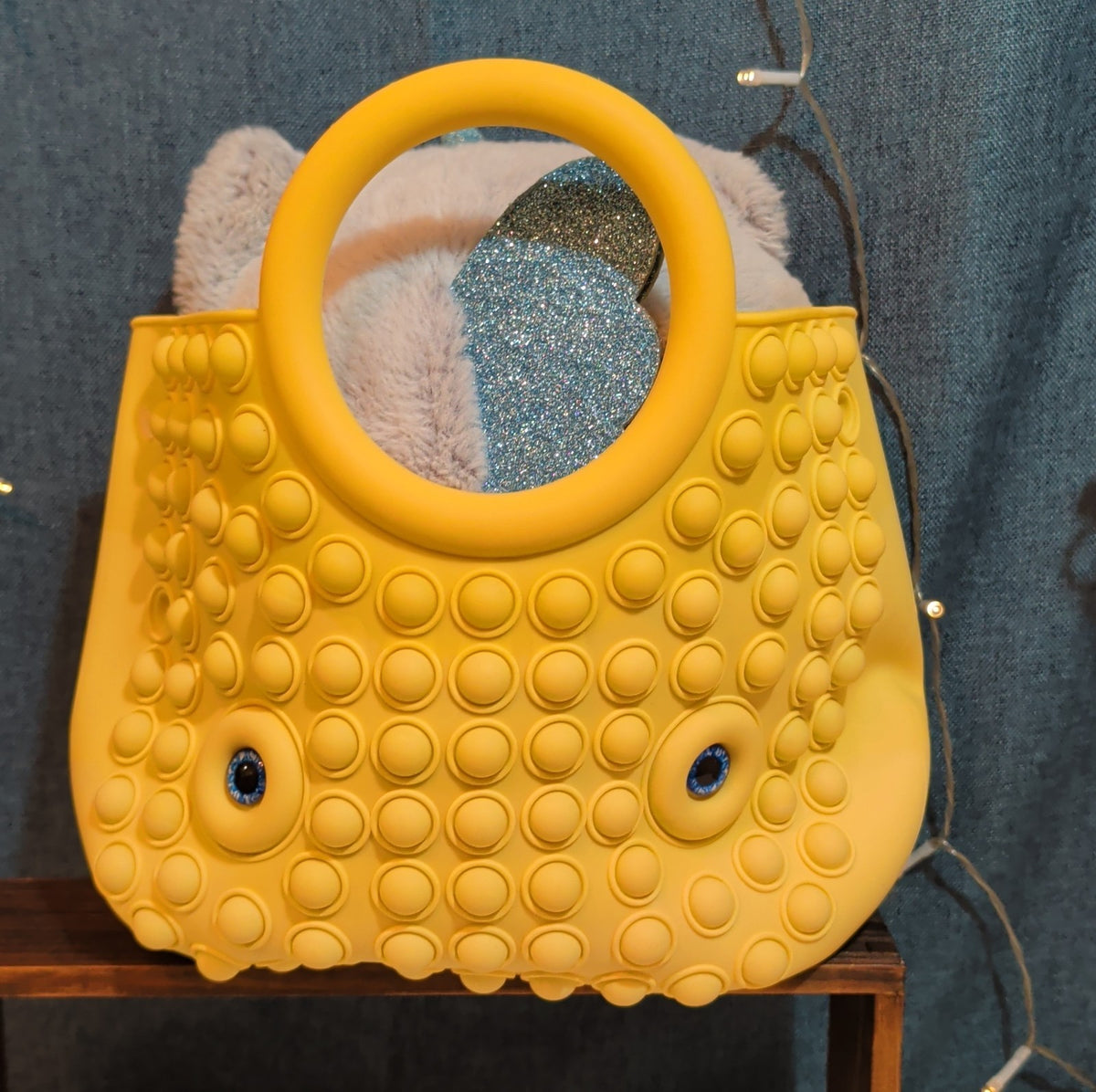 Large Yellow Pop Fidget Toy Silicone Handbag Tote Blue Eyes Kidcore