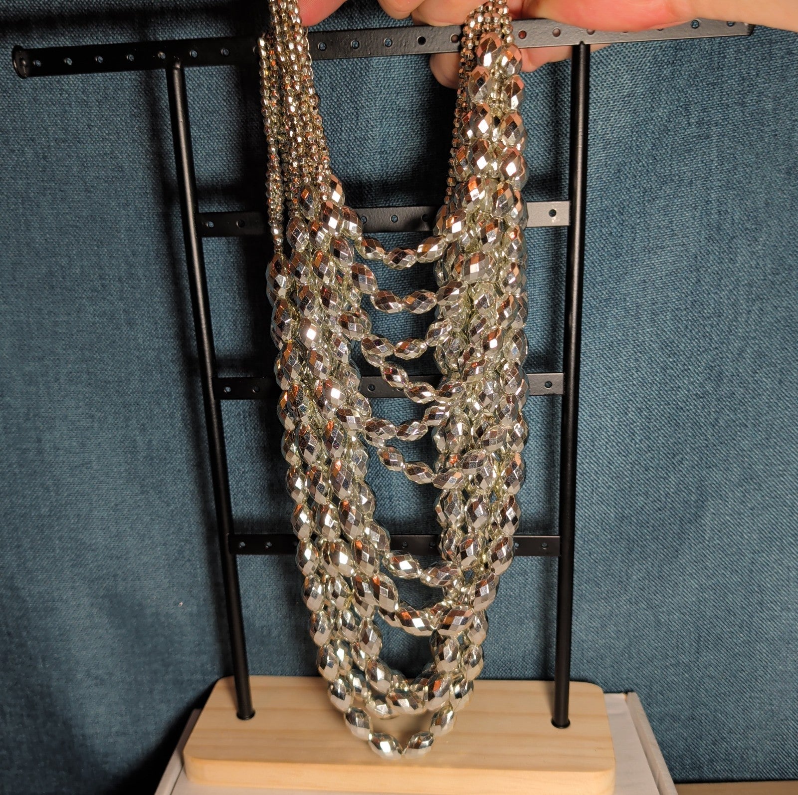 Multi Strand Silver Tone Beaded Statement Necklace Glam