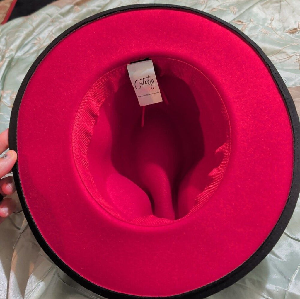Cutely Covered Red Bottom Black Cowboy Hat Felt Wide Brim Fedora Medium Used