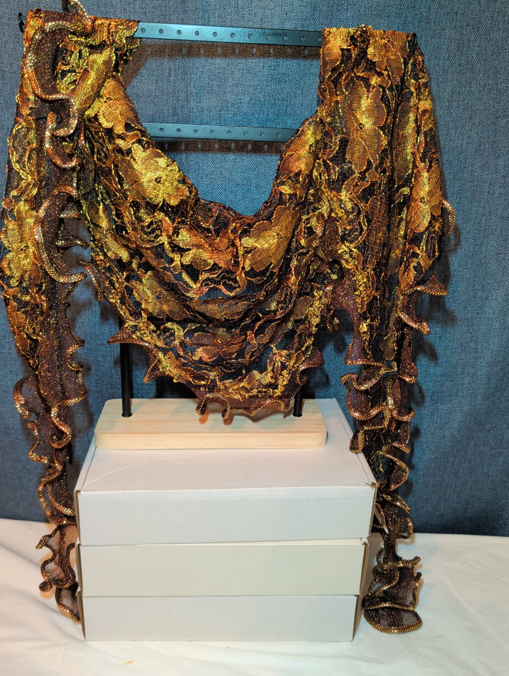 Laurena by LJL Metallic Lace Scarf Wrap Henna Rust Ruffled Boho NWT 63x23