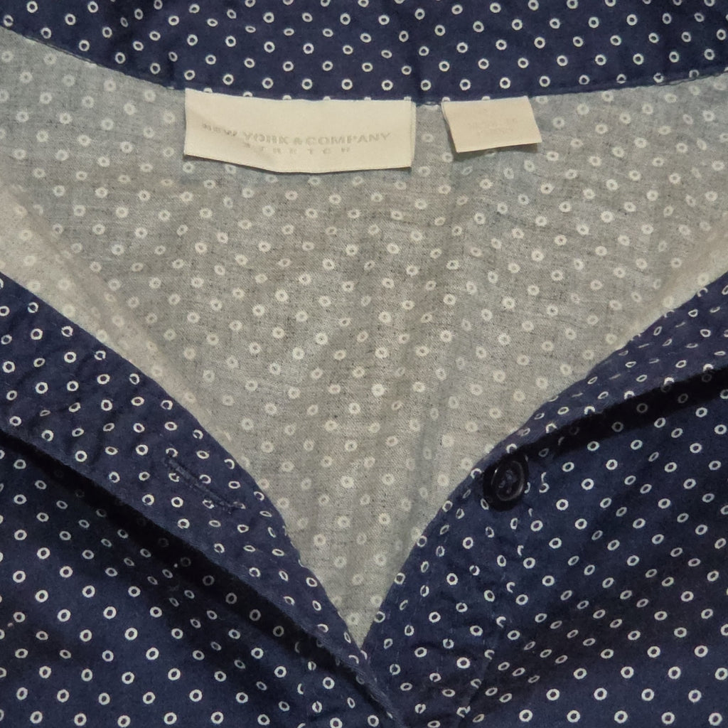 New York & Company Blouse Blue Polka Dot Button Down Office Wear Used Size L