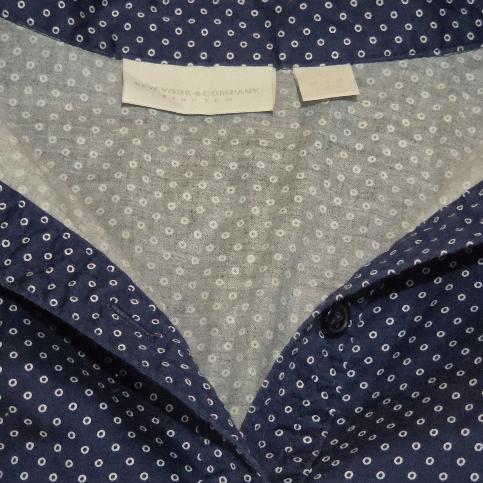 New York & Company Blouse Blue Polka Dot Button Down Office Wear Used Size L