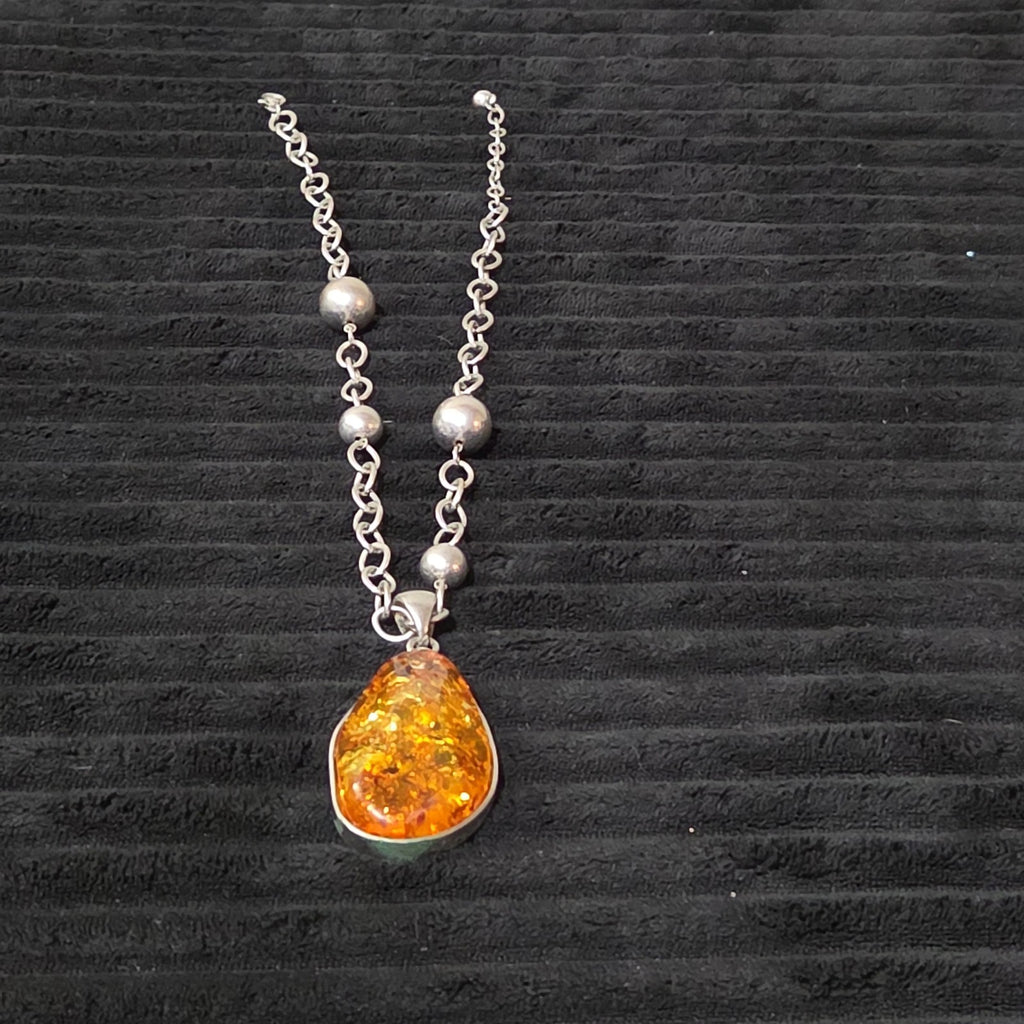 Vintage Faux Amber Necklace Clip On Earrings Set Silver Tone Teardrop Shimmer