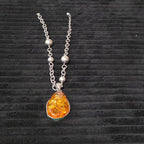 Vintage Faux Amber Necklace Clip On Earrings Set Silver Tone Teardrop Shimmer