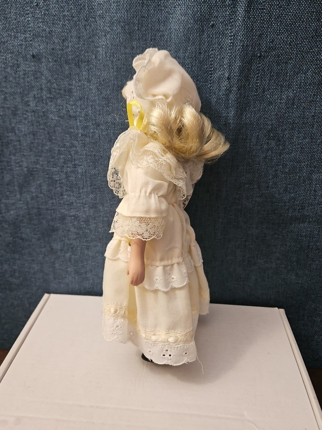 Vintage 8" Porcelain Doll | Blonde with Bonnet & Ruffled Dress