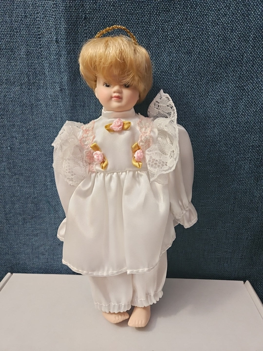 Vintage Porcelain Angel Doll | Blonde Guardian Angel with Halo