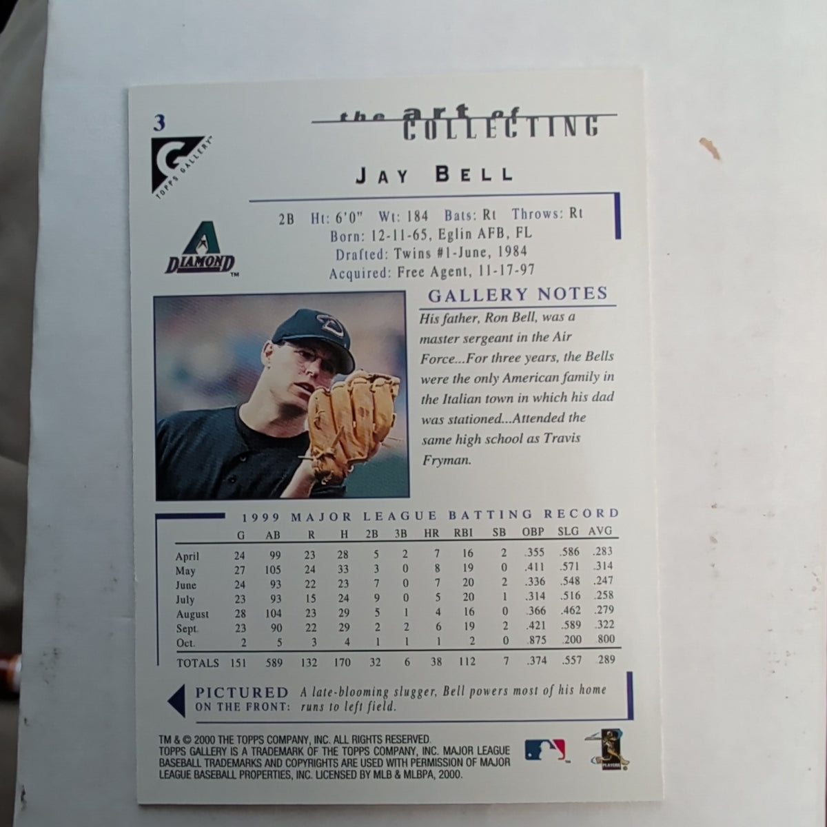 2000 Topps Gallery Jay Bell #3 Arizona Diamondbacks MLB Canvas Base Card