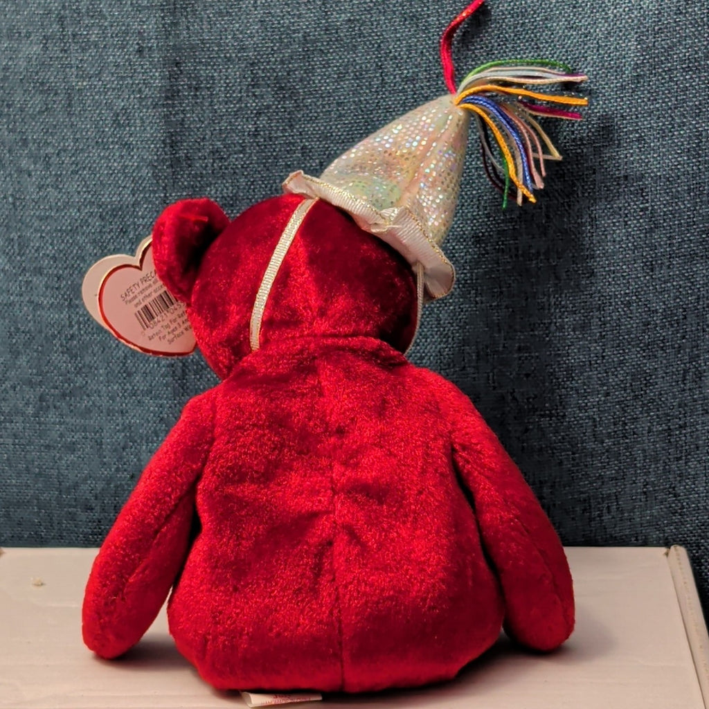 ​Ty Beanie Baby JULY Birthday Bear 2002 Red Teddy Silver Party Hat with Tag