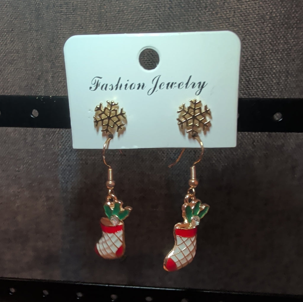 Christmas Stocking Snowflake Earring 2-Pair Set Enamel Gold-Tone Holiday NEW