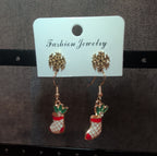 Christmas Stocking Snowflake Earring 2-Pair Set Enamel Gold-Tone Holiday NEW