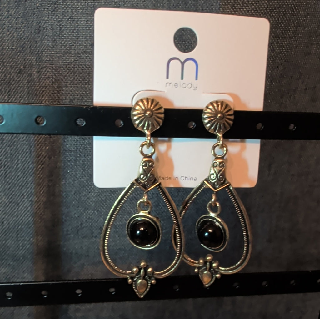 Melody Boho Western Dangle Earrings Gold Tone Black Bead Vintage Vibe