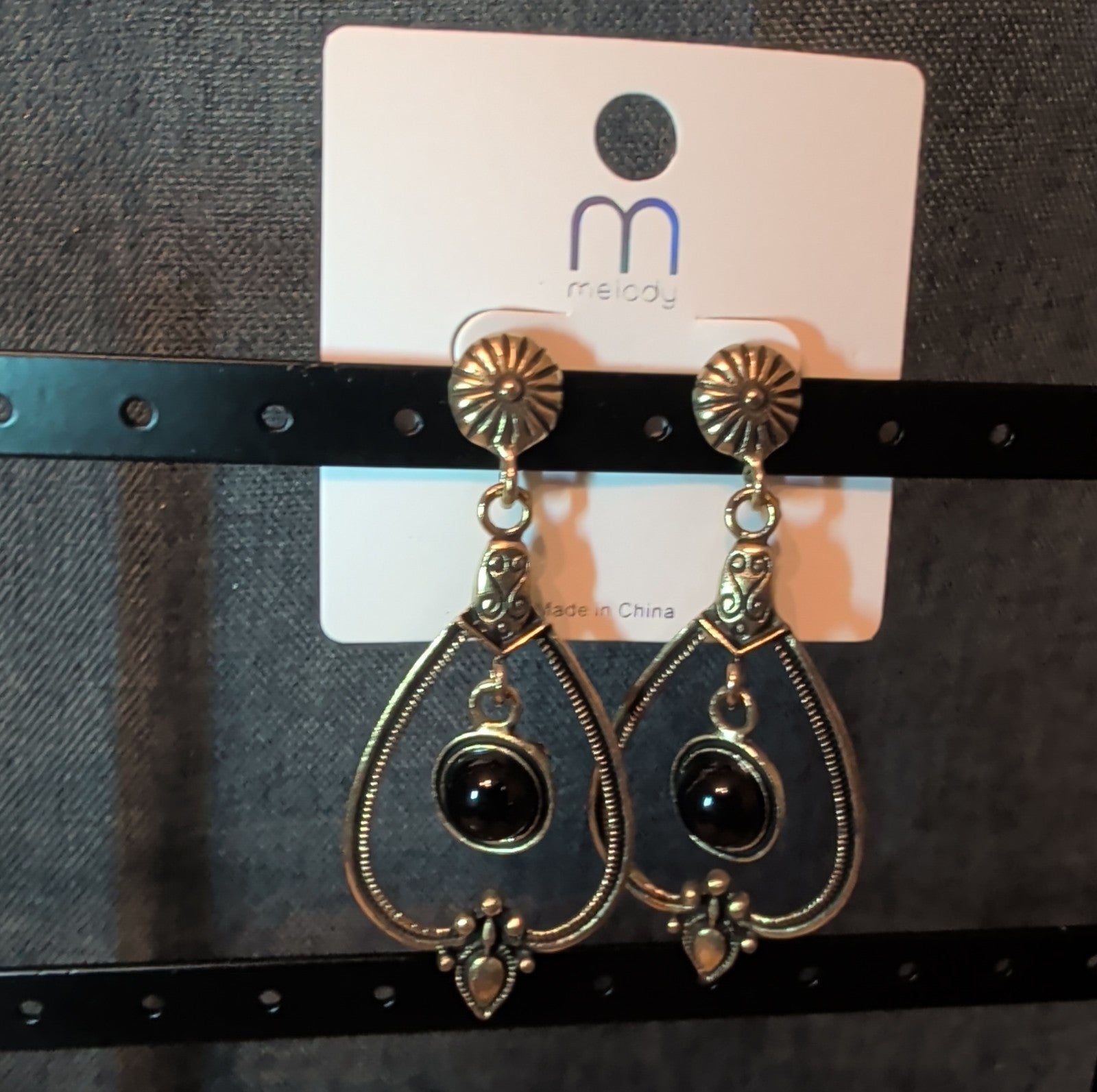 Melody Boho Western Dangle Earrings Gold Tone Black Bead Vintage Vibe