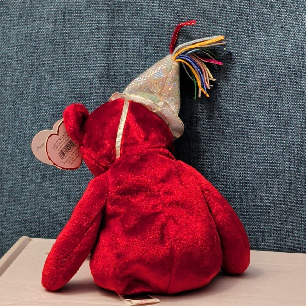 ​Ty Beanie Baby JULY Birthday Bear 2002 Red Teddy Silver Party Hat with Tag