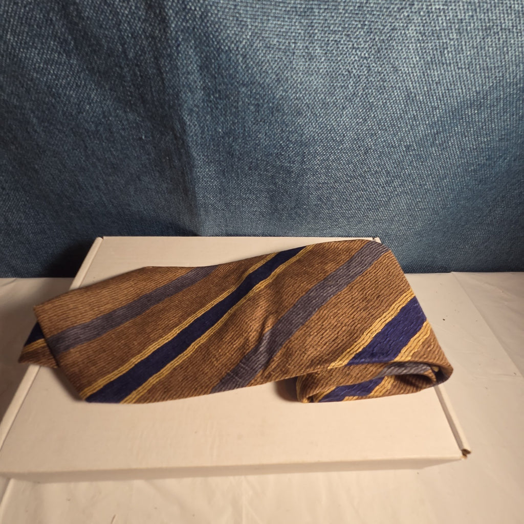 J.Z. Richards Silk Tie Edwards Michigan Brown Blue Stripe Frayed As Is Vest Tie