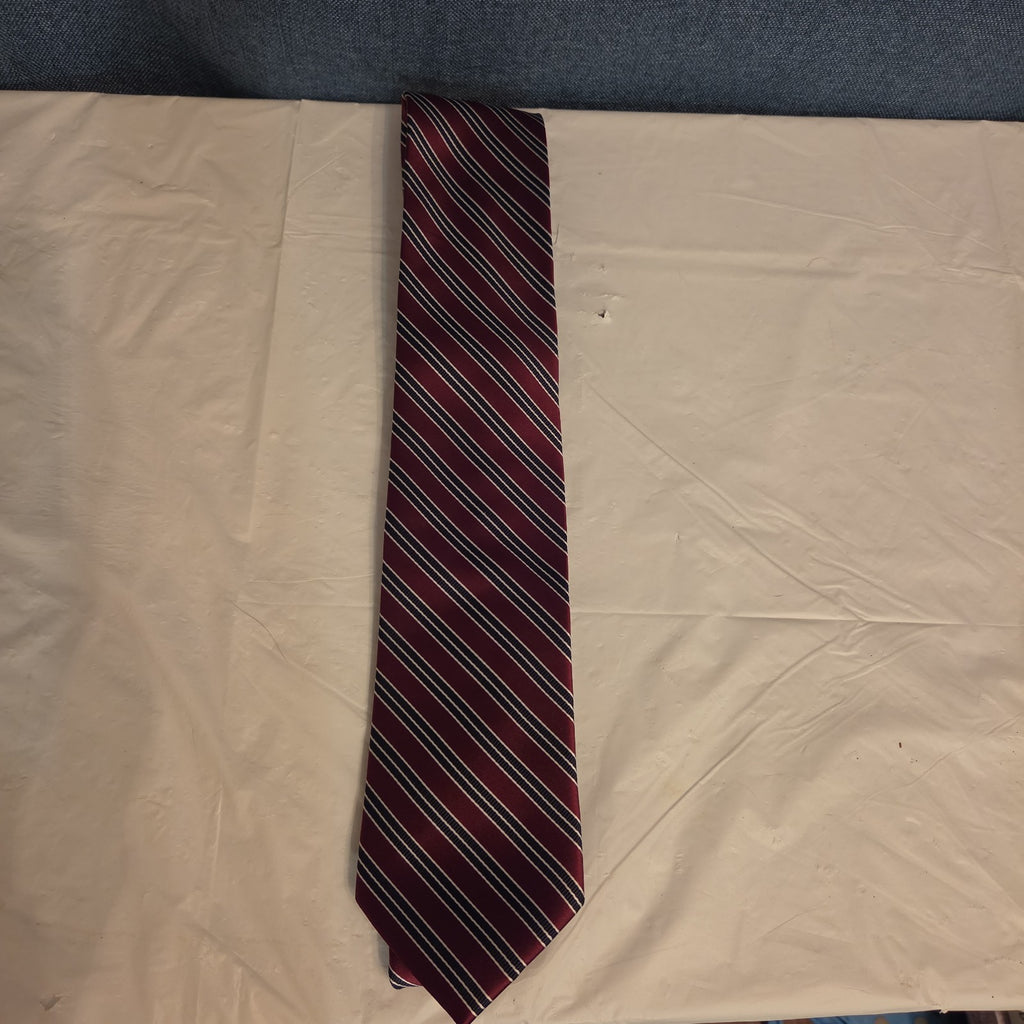 Bergamo New York Tie Burgundy Red Silver Striped Mens Silk Necktie Regimental
