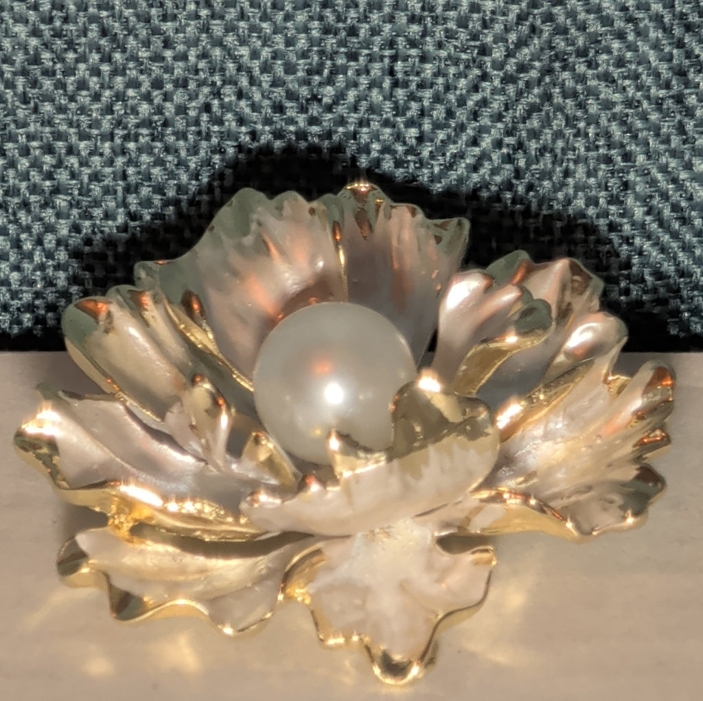 Peony Flower Brooch Pin Gold Tone Faux Pearl Enamel Coquette NWOT