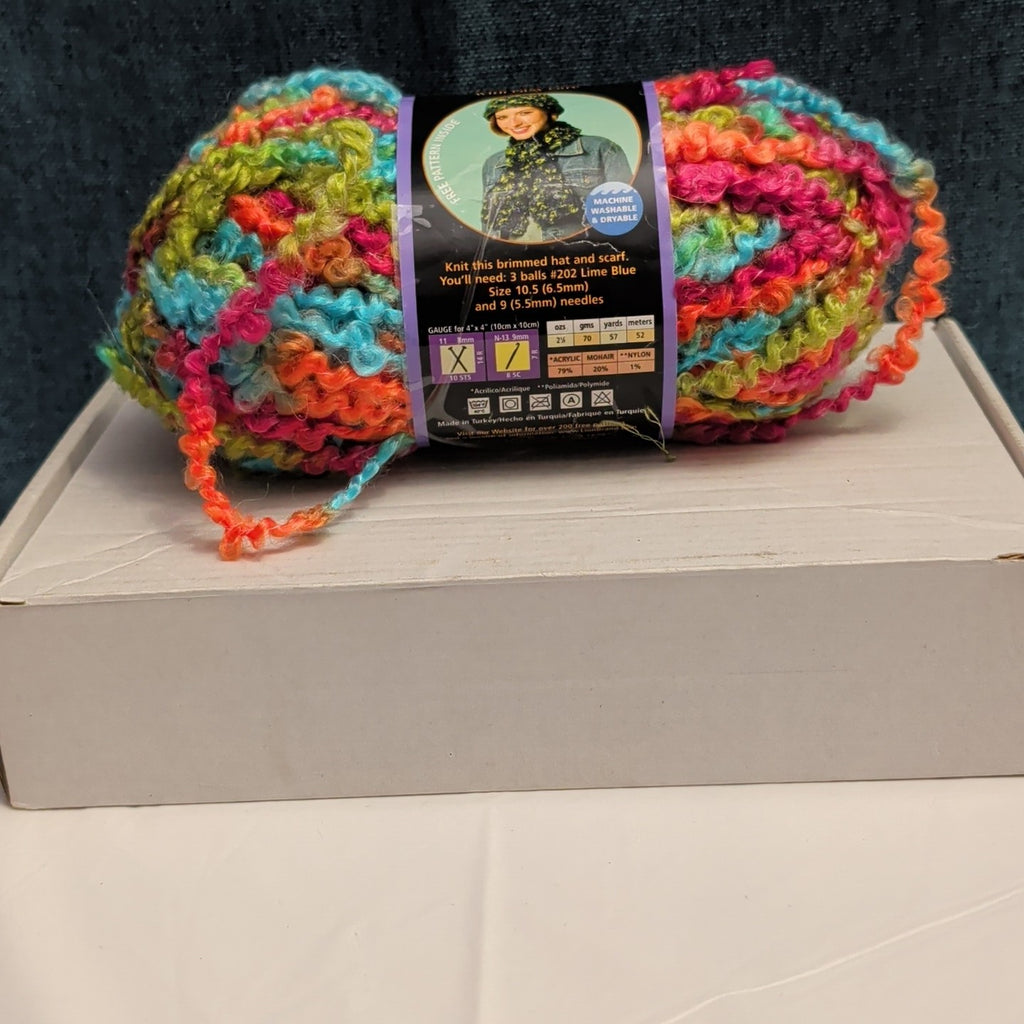 Lion Brand Lion Boucle Yarn Sorbet 205 Mohair Blend Textured Pink Teal Orange