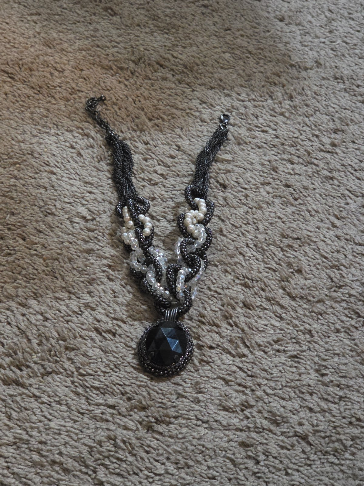 Black Crystal Pearl Necklace Chunky Bib Pendant Antique Chain