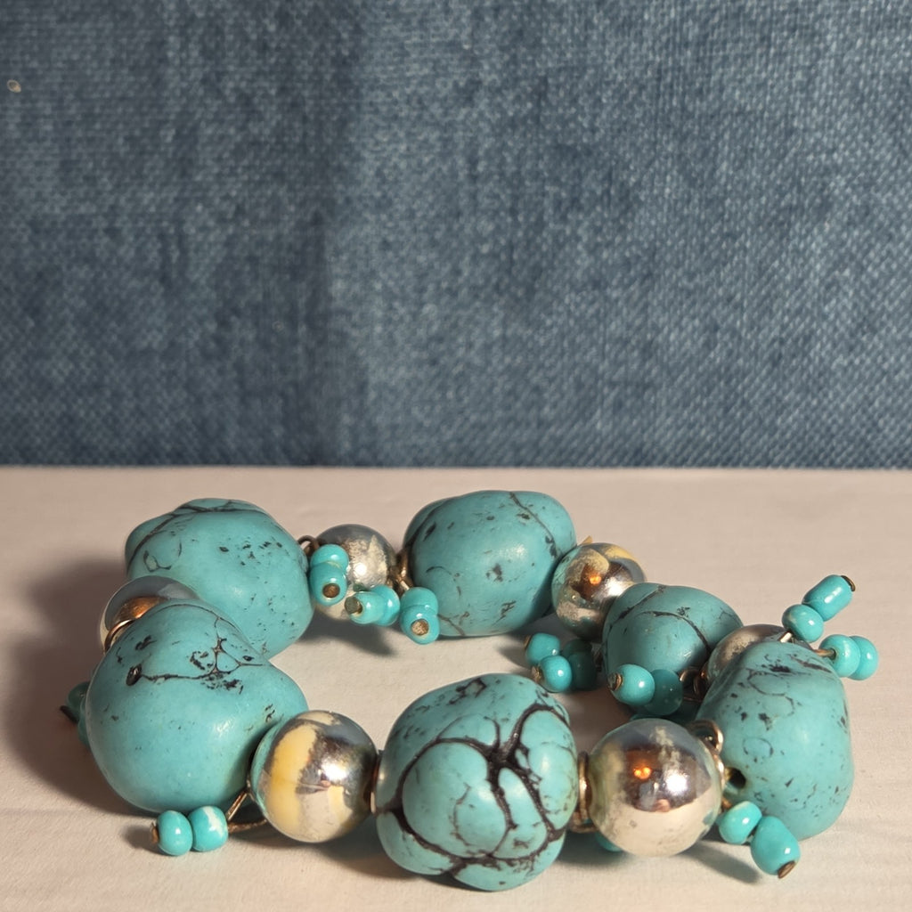 Chunky Faux Turquoise Silver Tone Stretch Bracelet Boho Y2K NWOT