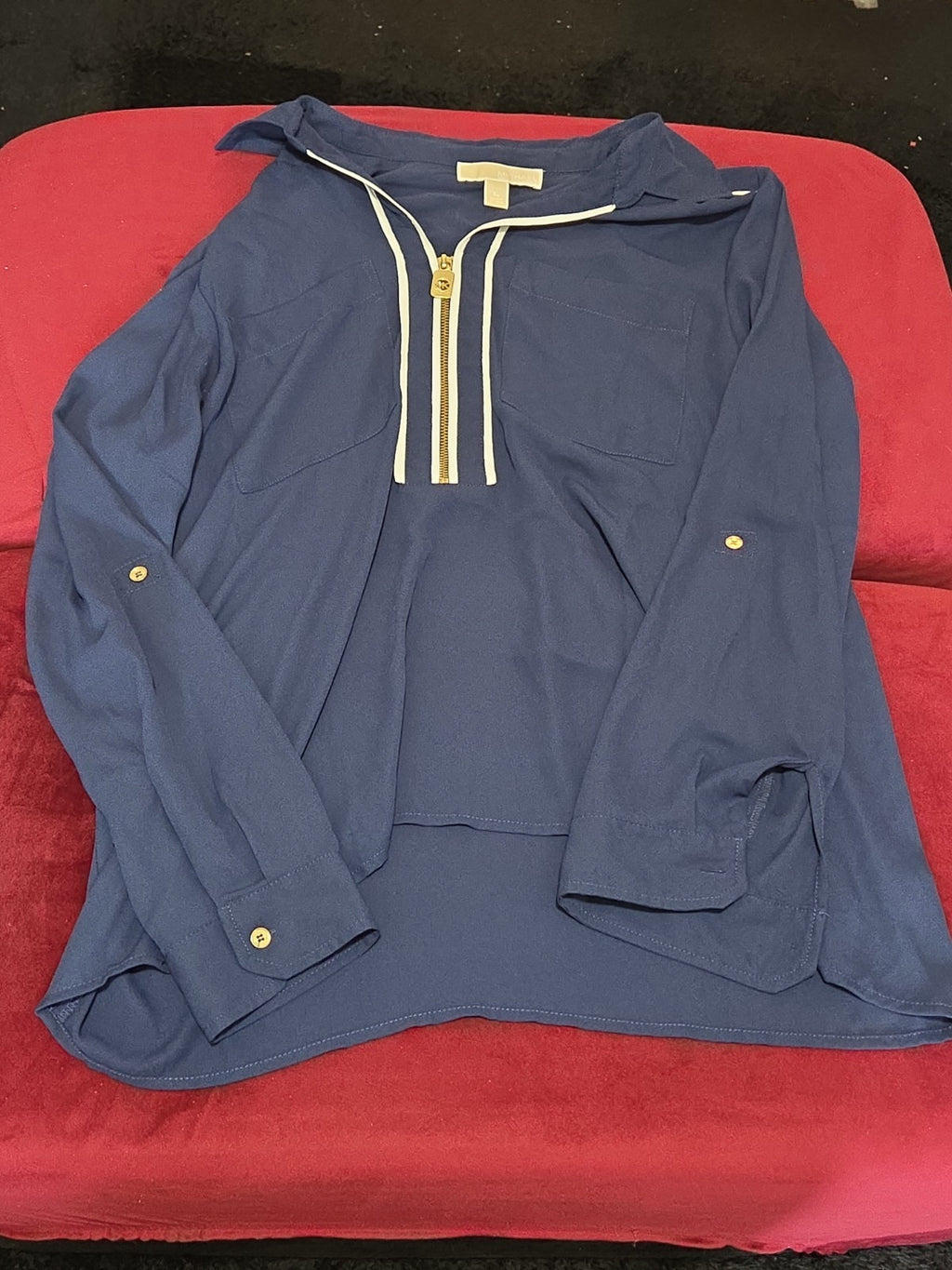 Michael Kors Blouse XL Navy Blue Zip Front Roll Tab Sleeve Shirt Gently Used