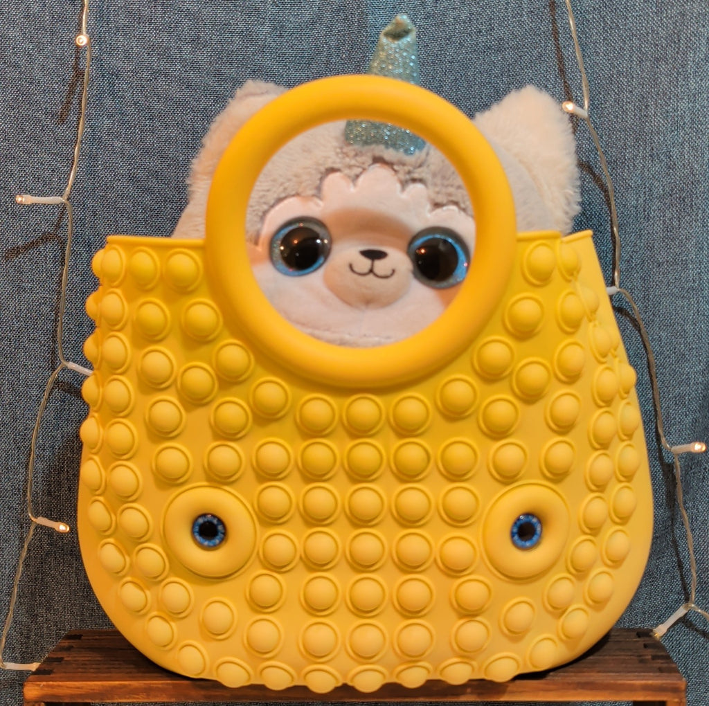 Large Yellow Pop Fidget Toy Silicone Handbag Tote Blue Eyes Kidcore