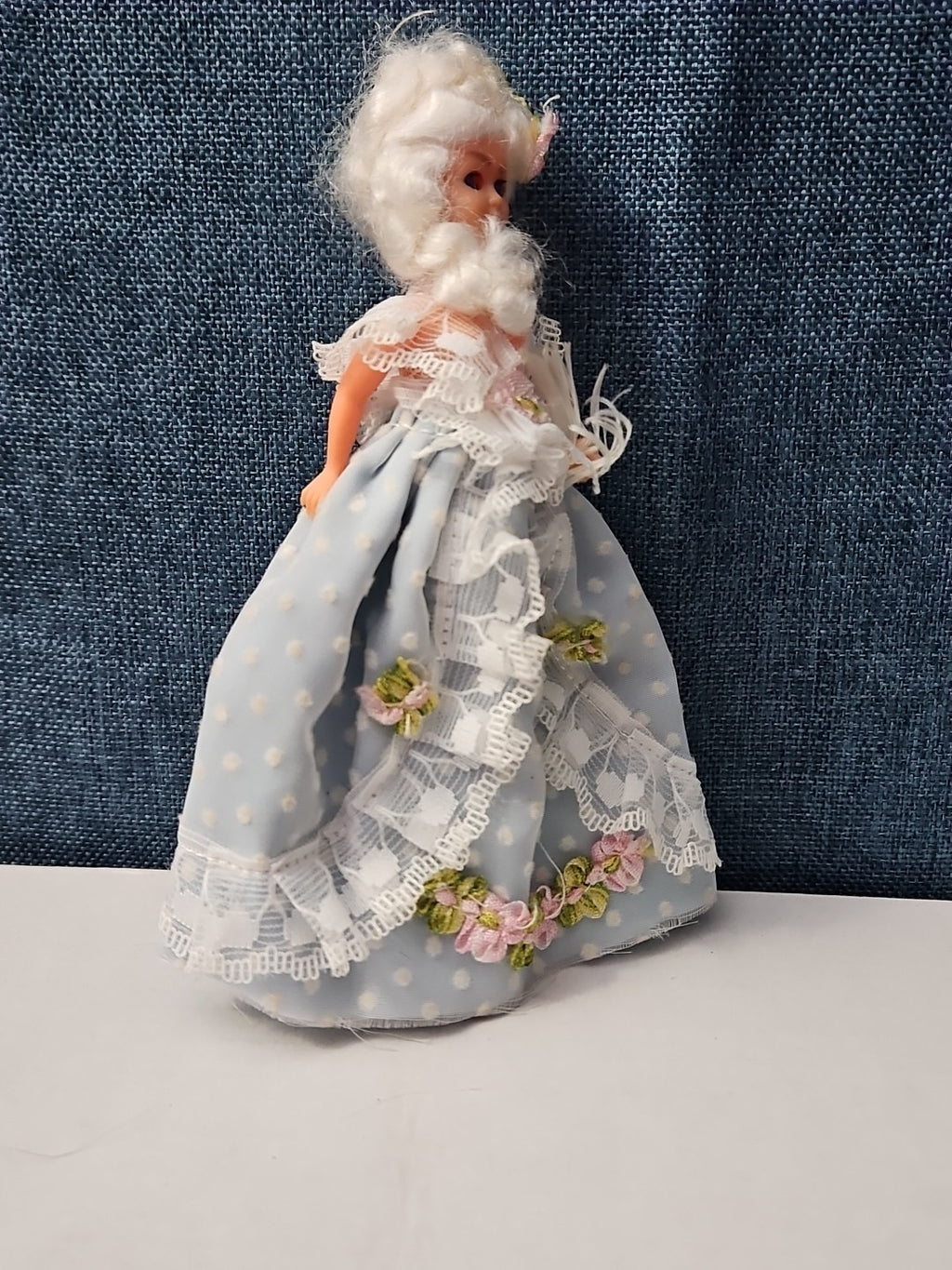 Vintage 5.5" Costume Doll | Blue Polka Dot Rococo Dress | Hard Plastic Souvenir