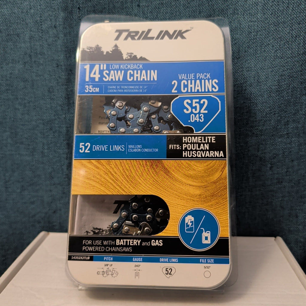 TriLink 14 Inch Chainsaw Chain 2 Pack S52 .043 52 Drive Links Husqvarna Poulan