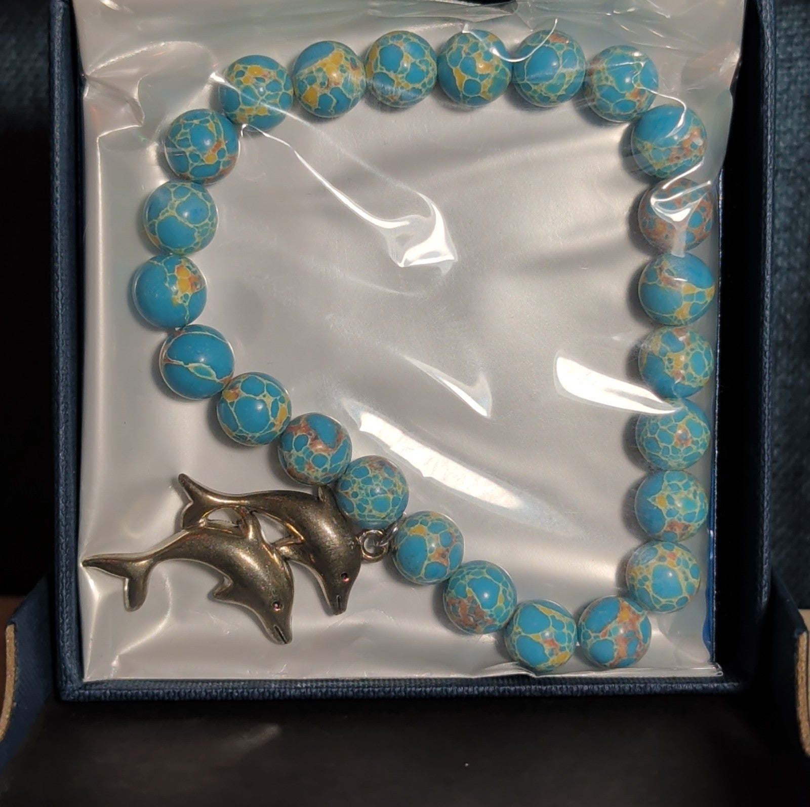 Dolphin Charm Blue Imperial Jasper 8mm Stretch Bracelet Boho NIB