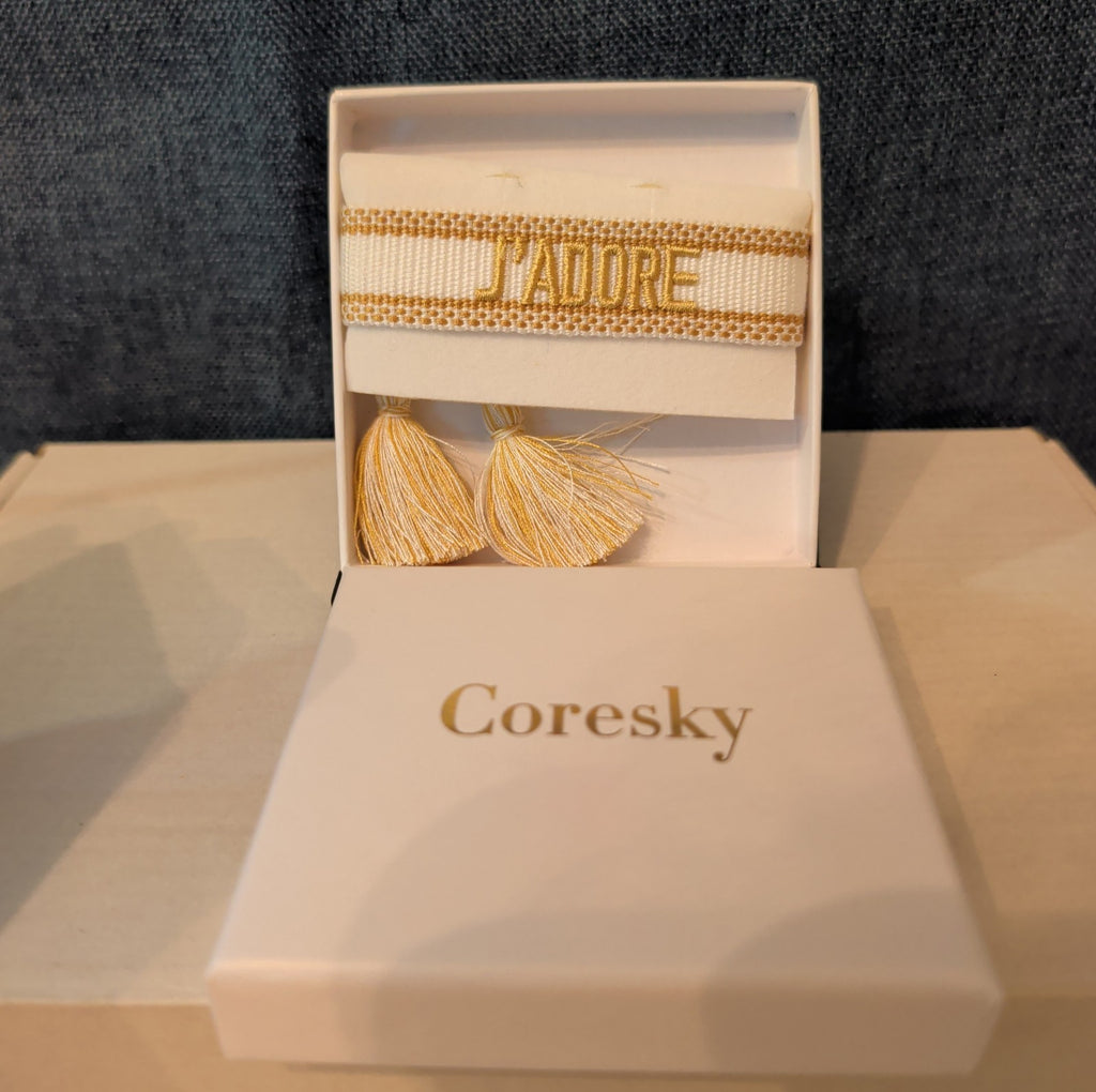 Coresky J'Adore Embroidered Woven Tassel Bracelet Gold Boho NIB