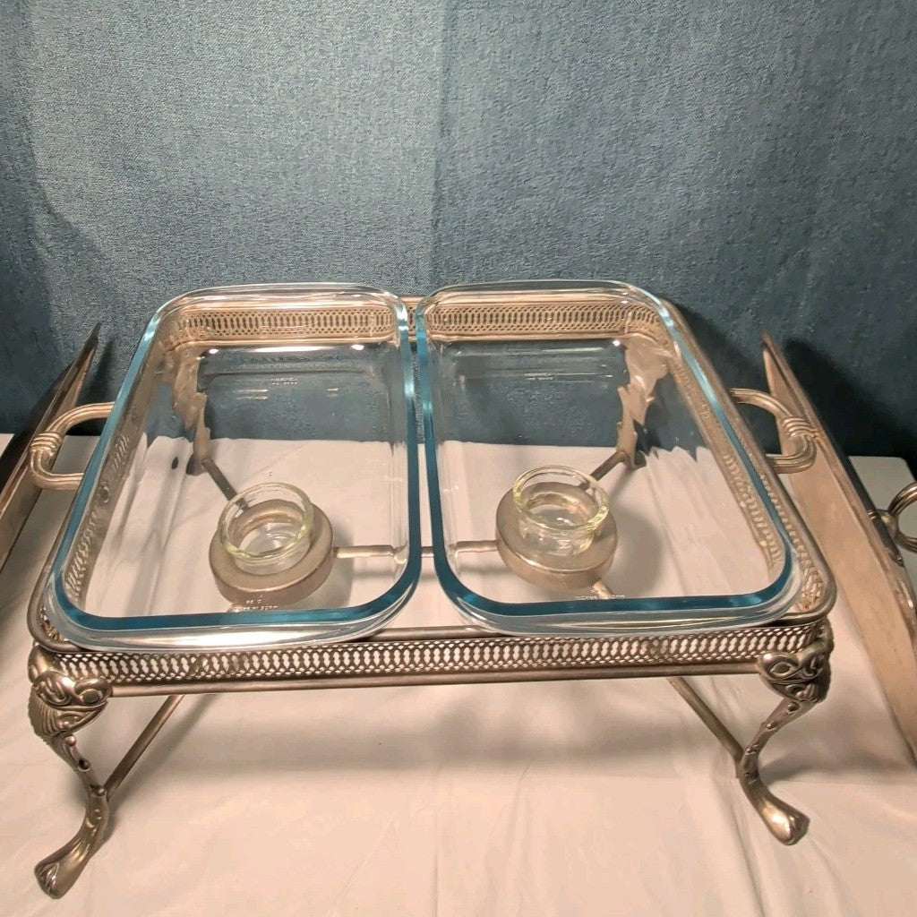 Silver Plated Double Chafer 8 Qt Buffet Server 2 Marinex Glass Pans Lion Feet