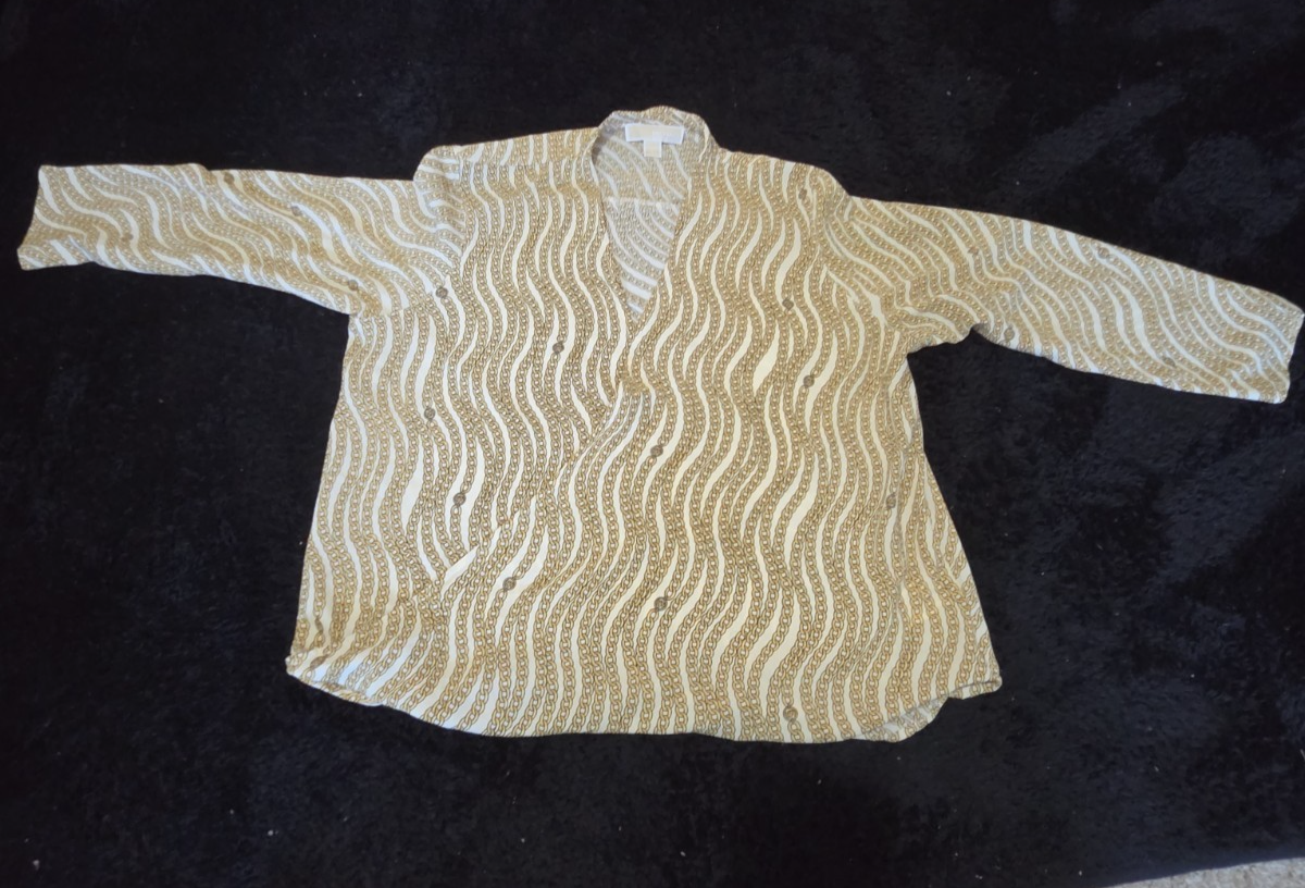 Michael Kors Blouse Gold Chain Link Print Wrap V-Neck Stretch Top L Gently Used