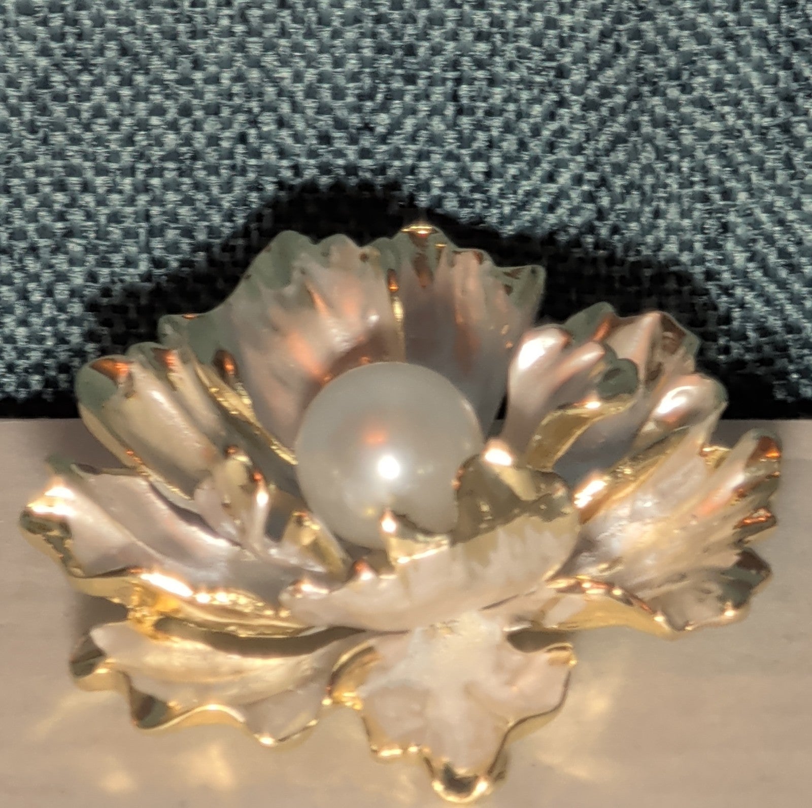 Peony Flower Brooch Pin Gold Tone Faux Pearl Enamel Coquette NWOT