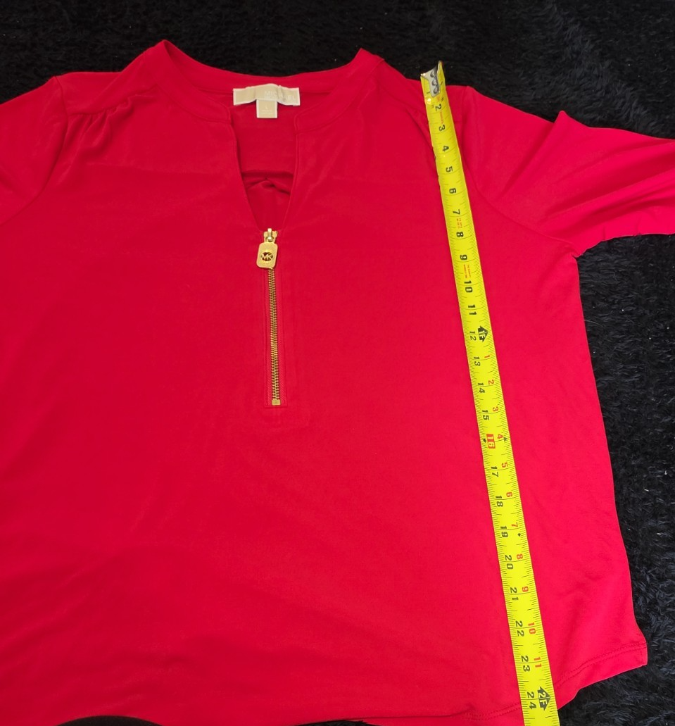 Michael Kors Blouse Red Zip Top Women Large Roll Tab Sleeve Jersey Shirt Used