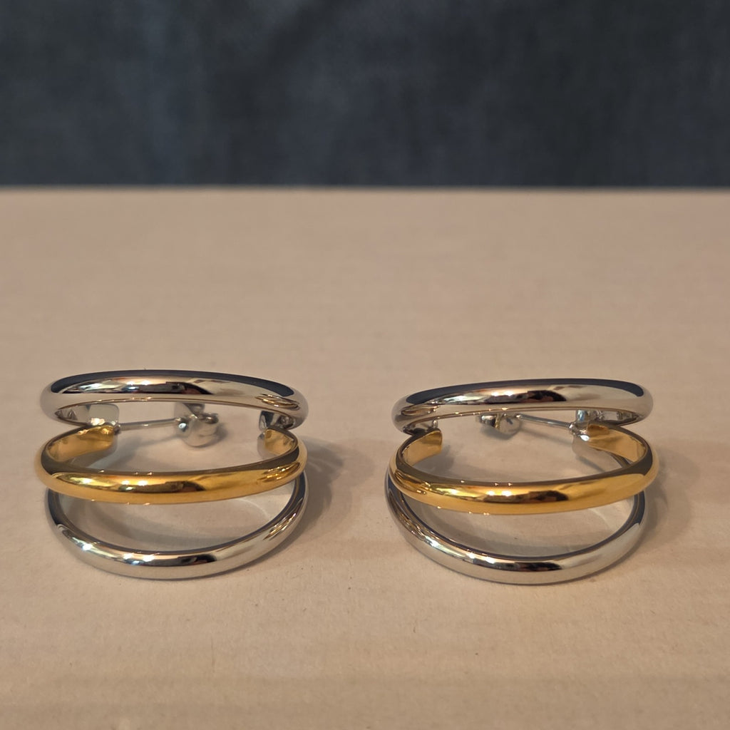 Triple Hoop Mixed Metal Gold Silver Tone Earrings Modern