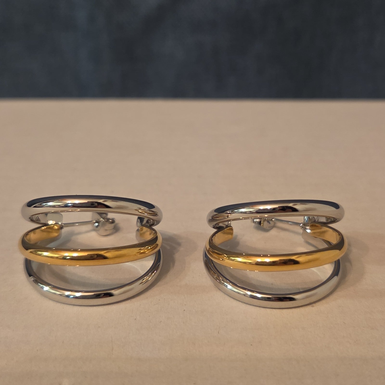 Triple Hoop Mixed Metal Gold Silver Tone Earrings Modern