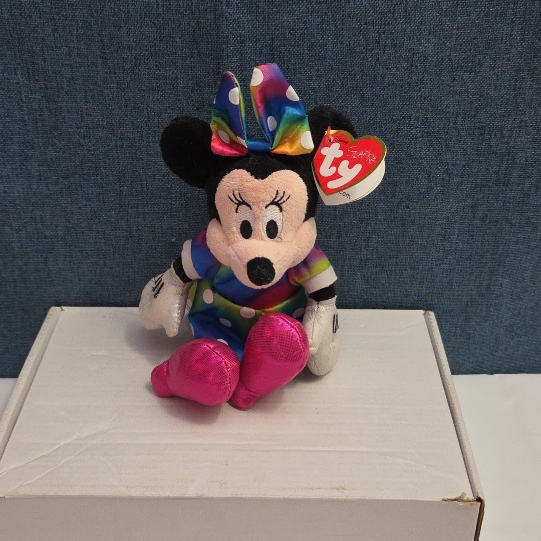 Ty Disney Beanie Baby Minnie Mouse Sparkle Rainbow Dress Metallic Pink Shoes