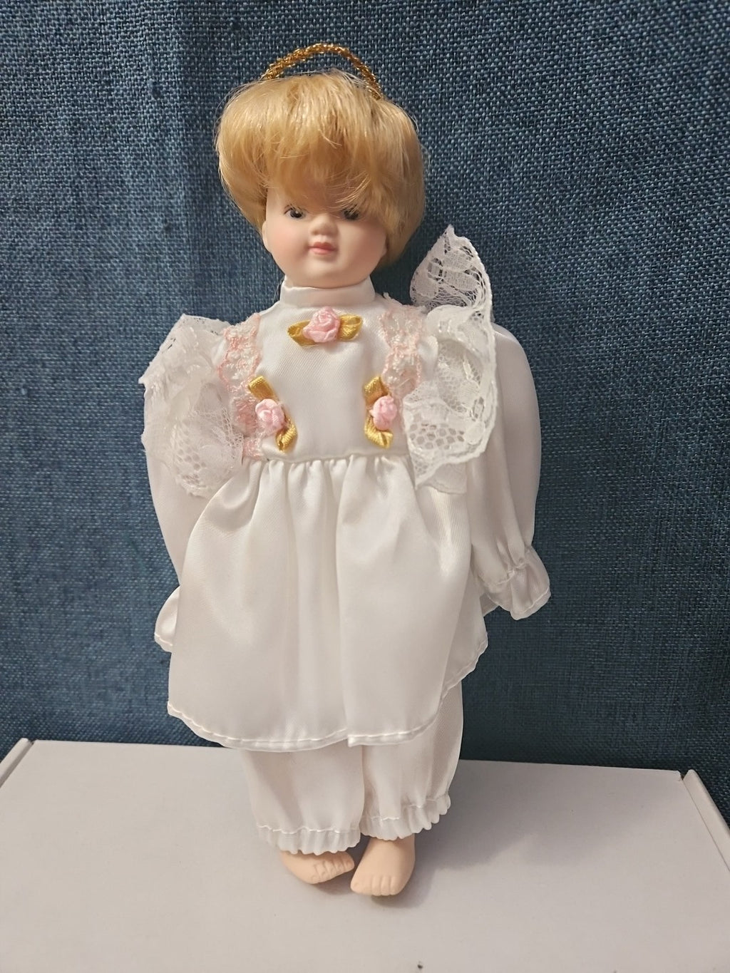 Vintage Porcelain Angel Doll | Blonde Guardian Angel with Halo