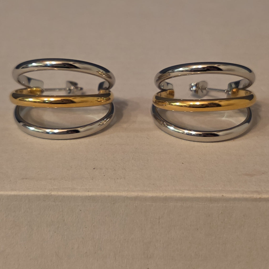 Triple Hoop Mixed Metal Gold Silver Tone Earrings Modern