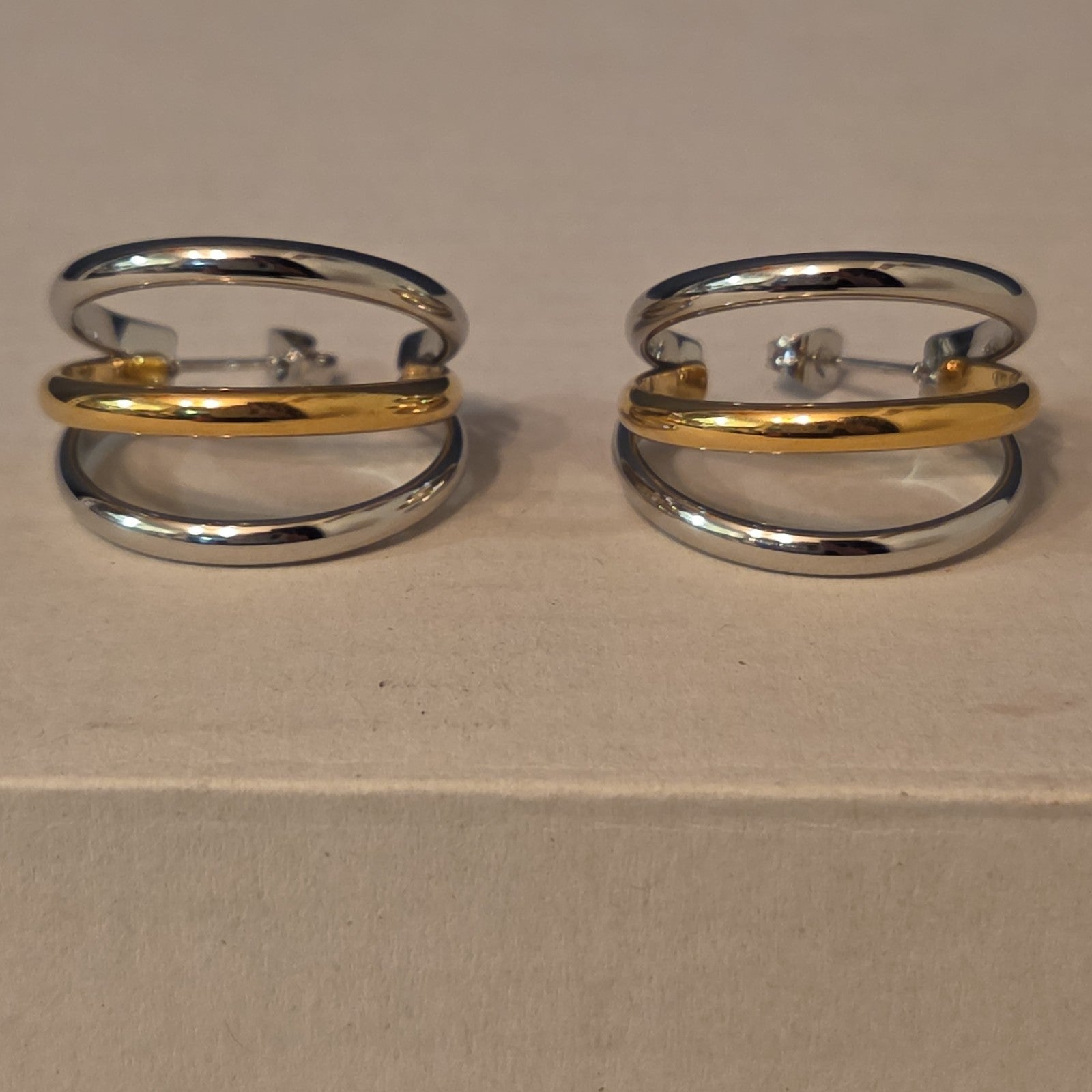 Triple Hoop Mixed Metal Gold Silver Tone Earrings Modern