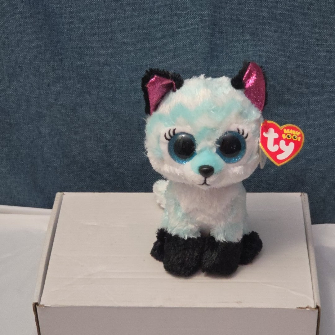 Ty Beanie Boos Atlas Aqua Chevron Fox 6" Plush Blue Glitter Eyes Retired MWMT