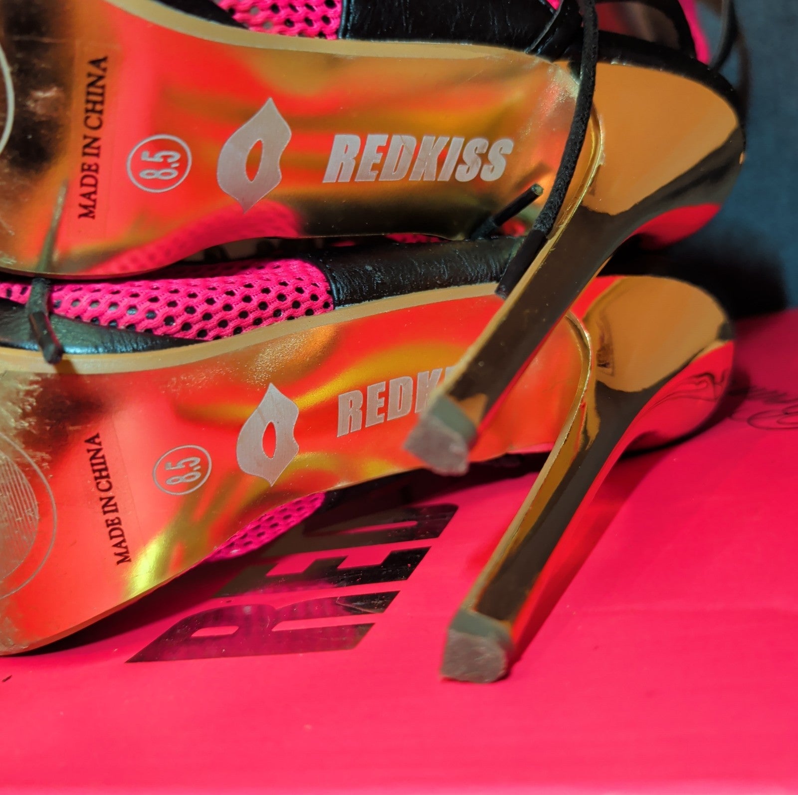RedKiss Summer Stunner Heels Size 8.5 Pink Black Lace Up Caged Stiletto