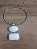 White Stone Pendant Silver Tone Omega Collar Choker Statement Necklace