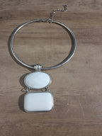 White Stone Pendant Silver Tone Omega Collar Choker Statement Necklace