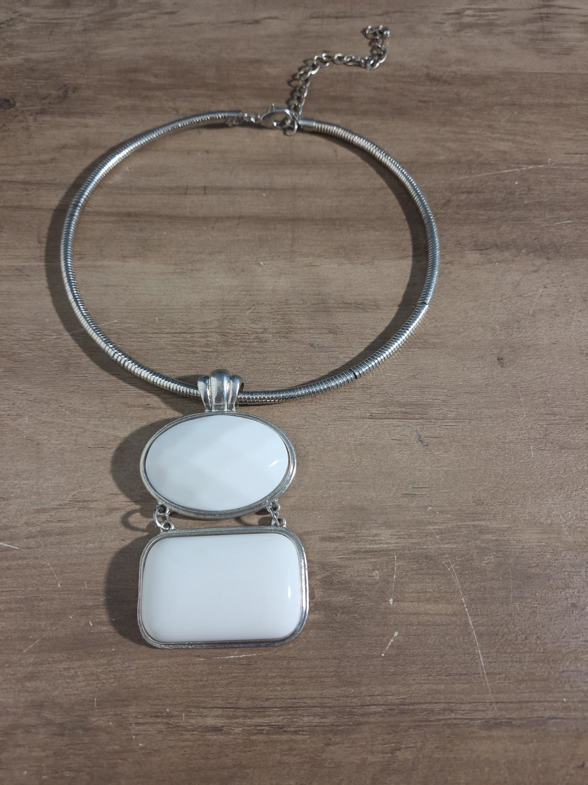 White Stone Pendant Silver Tone Omega Collar Choker Statement Necklace