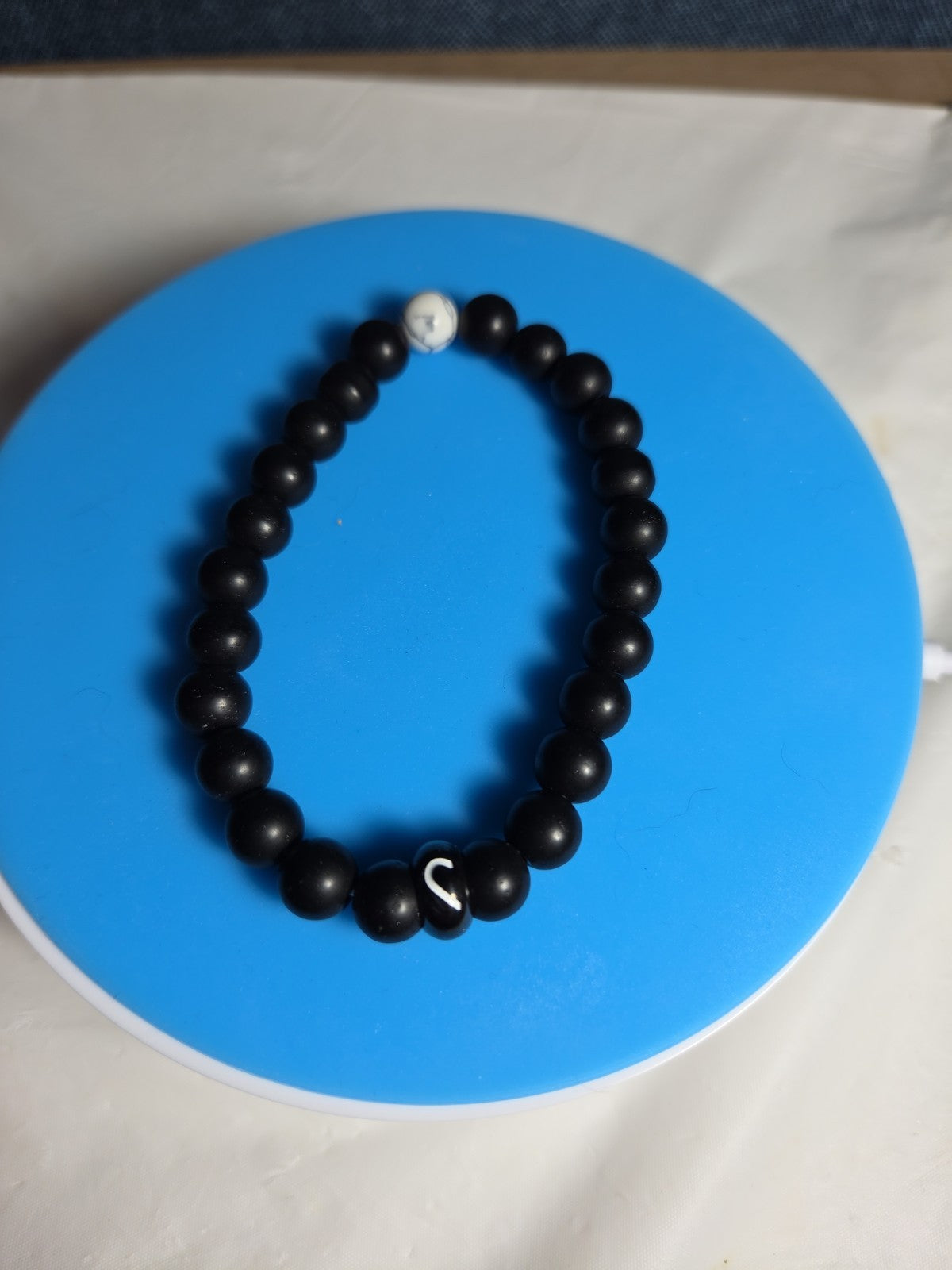 Natural Stone Bead Stretch Bracelet Matte Black White Howlite