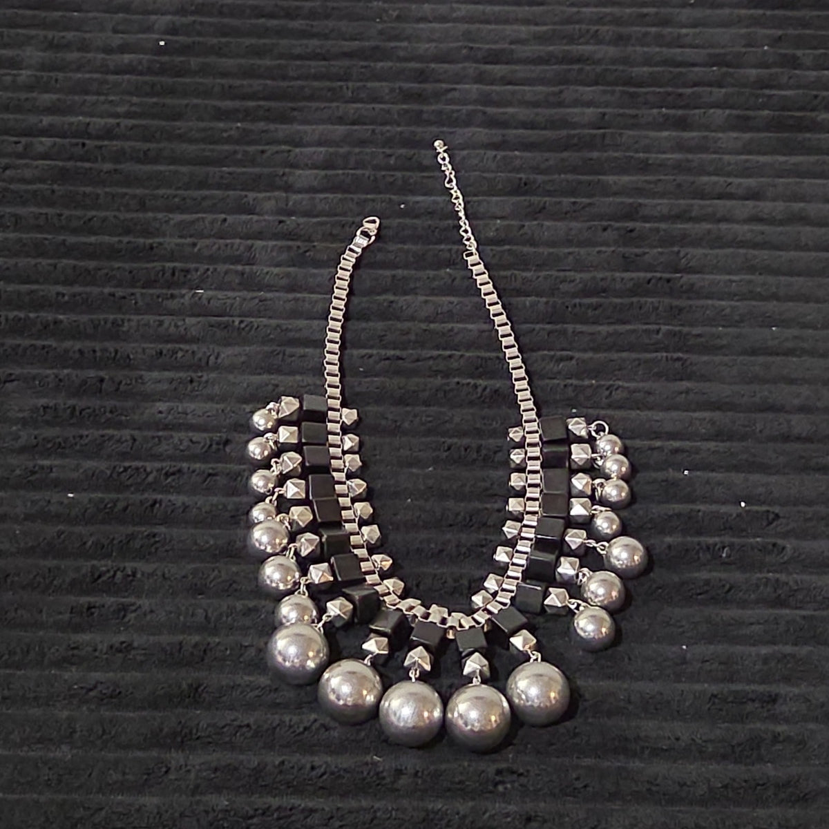 Chunky Silver Bib Statement Necklace Black Cube Cascading Collar Choker Punk Mod